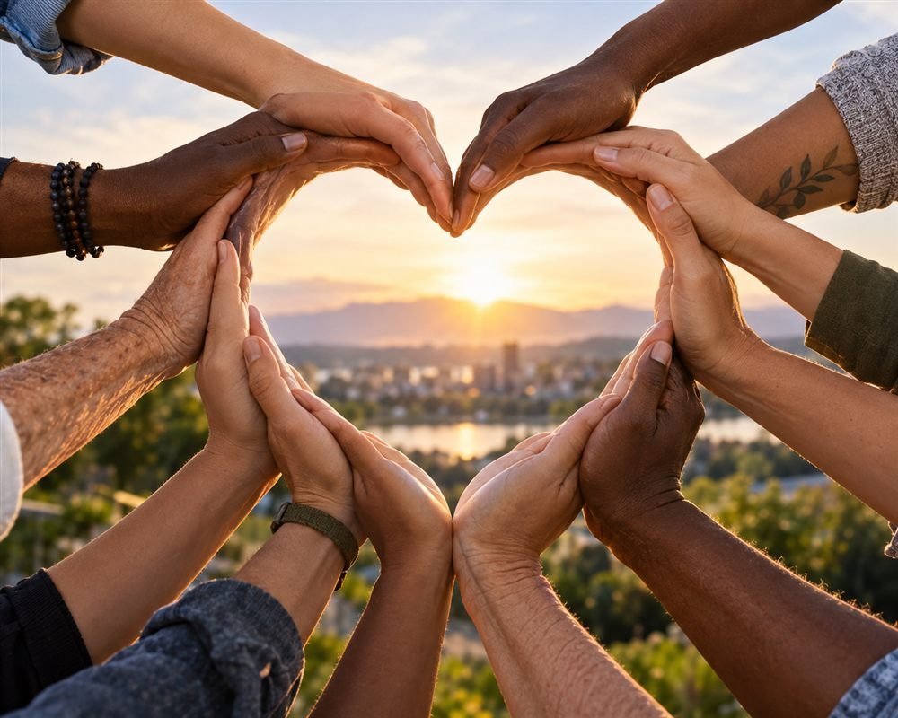 Diverse hands forming a heart shape at sunrise, representing BeauTifful Community Wellness's core values